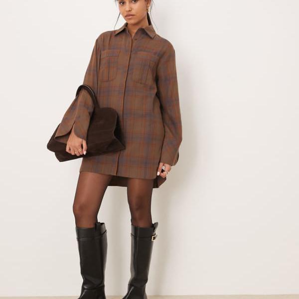 エイソス ASOS asos ASOS DESIGNのワイドカフスとオーバーサイズポケット付きミニシャツドレス（ブラウンチェック） ワンピース レディース 女性 インポートブランド 小さいサイズから大きいサイズまで 15,022円