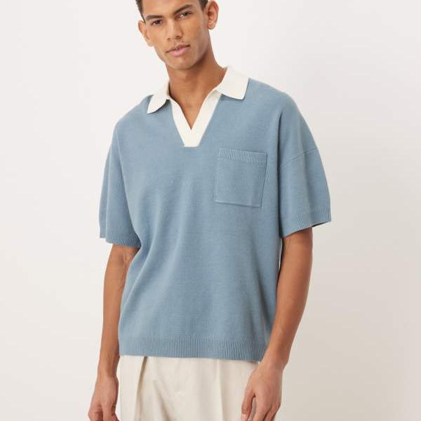 エイソス ASOS asos ASOS DESIGN リラックスニット ノッチネック ポロシャツ（フロントポケット付き、ブルー） トップス メンズ 男性 インポートブランド 小さいサイズから大きいサイズまで