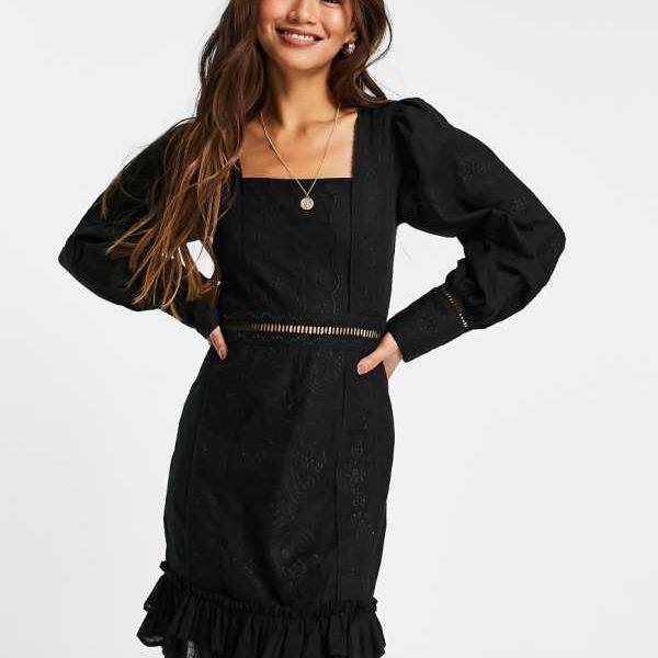 エイソス ASOS asos ASOS DESIGN 刺しゅう入り口・入口スクエアネックレーストリムミニドレス（黒いこと） 衣裳 レディース 亭主もち インポートブランド ごく小さい大きさから大層らしい大きさまで