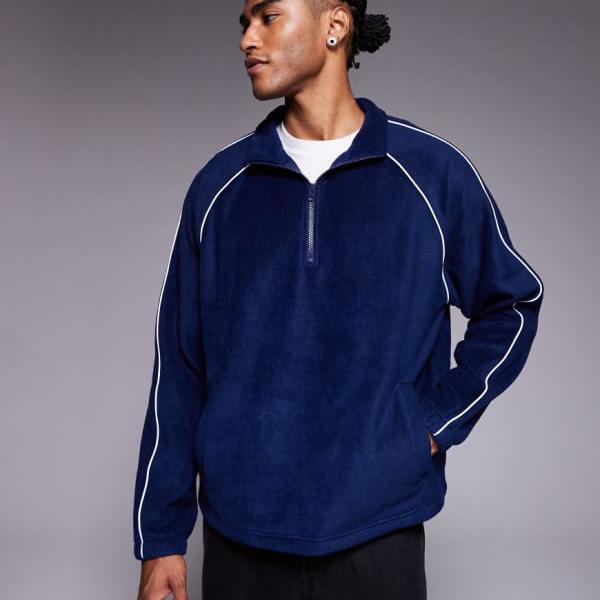 エイソス ASOS asos ASOS DESIGN リラックスファネルネックフリーススウェットシャツ（パイピング付き、ブルー） トップス メンズ 男性 インポートブランド 小さいサイズから大きいサイズまで
