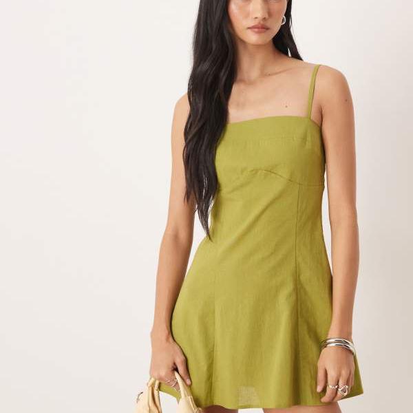 エイソス ASOS asos ASOS DESIGN コットンリネン キャミソール ミニ サンドレス（シェイプバスト、ダークライム） トップス レディース 女性 インポートブランド 小さいサイズから大きいサイズまで