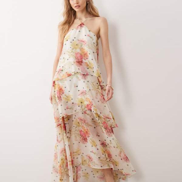 エイソス ASOS asos ASOS DESIGN ホルターネック シフォンミディドレス ピンクとホワイトの花柄プリント ワンピース レディース 女性 インポートブランド 小さいサイズから大きいサイズまで
