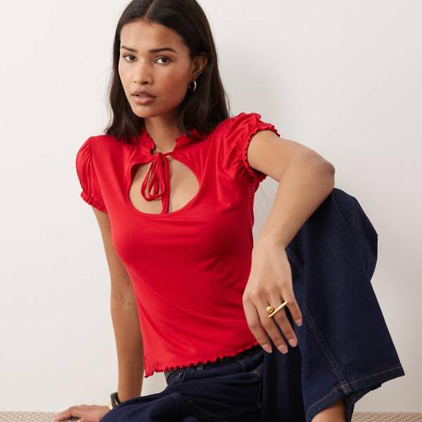 ミスセルフリッジ Miss Selfridge ミス・セルフリッジのキャップスリーブ・キーホールトップ（レッド） 帽子 レディース 女性 インポートブランド｜セレクトショップ　Diva　Closet