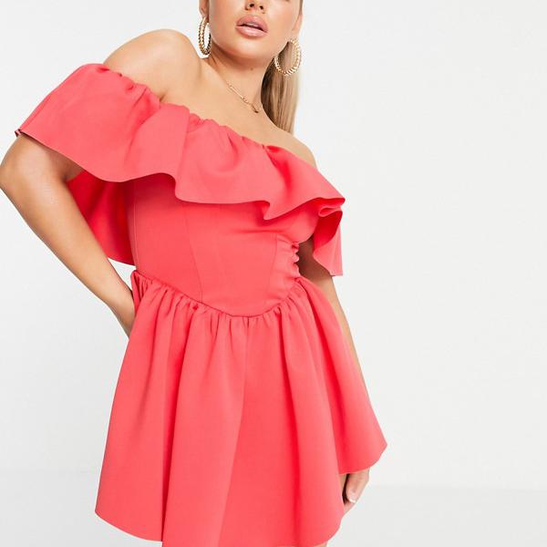 京都のセレクトショップdivacloset エイソス Asos ワンピース Asos Asosdesignオフショルダーコルセットフリルスケーターミニドレスコーラル ワンピース レディース エイソス 女性 Asos インポートブランド 小さいサイズから大きいサイズまで セレクトショップ Diva Closet
