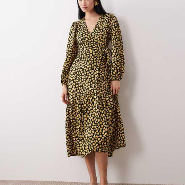 Wednesday\u0027s Girl Wednesday\u0027s Girlの黄味がかったの花柄の長袖ラップミダキシドレス トップス レディース お上さん インポートブランド ごく小さい大いさから惜しみ無い大いさまで レディースファッション-トップス-その他