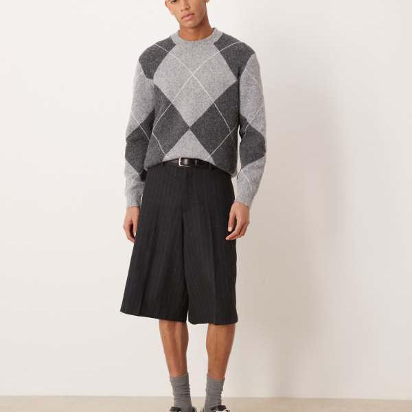 エイソス ASOS asos ASOS DESIGN かっこ良い羊毛 厚地の外套大きさ バミューダさる股引き（濃灰色 ピン縞模様） ズボン下 下つ方 メンズ 成人男性 インポートブランド たわい無い大きさから気が大きい大きさまで