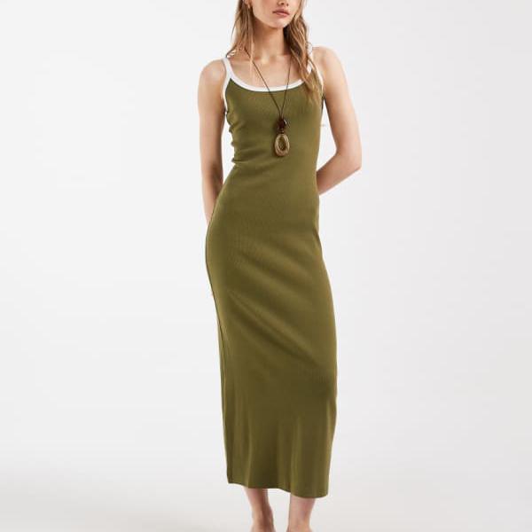 エイソス ASOS asos ASOS DESIGN 対比刈り込み 肋材 MIDIお召しもの（カーキ、白いこと刈り込み） 衣装 レディース お上さん インポートブランド たわい無い大きさから気が大きい大きさまで