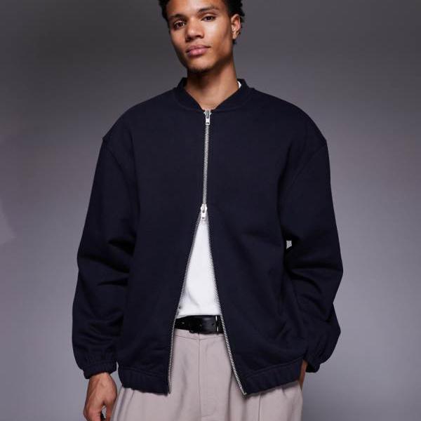 エイソス ASOS asos ASOS DESIGN オーバーサイズ ヘビーウェイト ジャージー ボンバージャケット（ネイビー） アウター メンズ 男性 インポートブランド 小さいサイズから大きいサイズまで