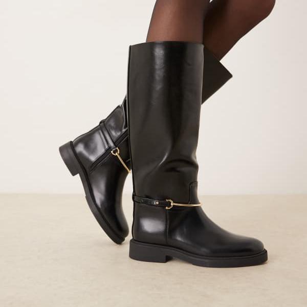 エイソス ASOS asos ASOS DESIGN Cole フラットライディングニーブーツ（ブラック、トリム付き） 靴 レディース 女性 インポートブランド 小さいサイズから大きいサイズまで