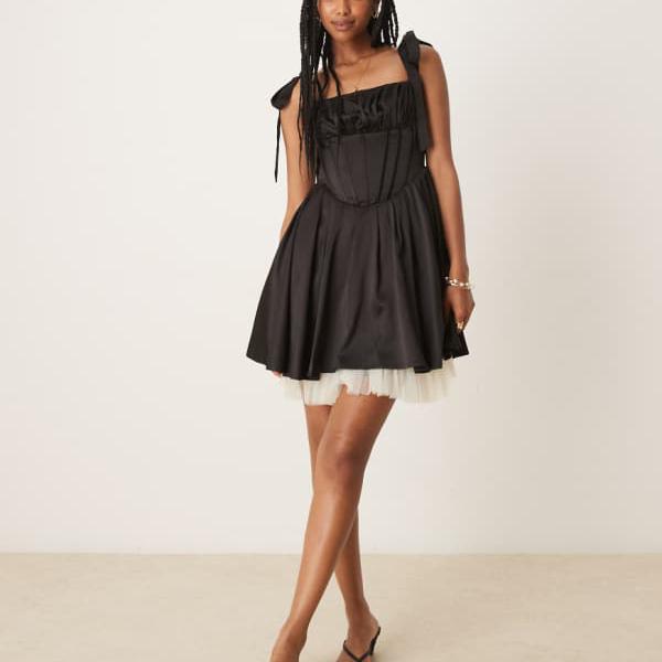 Lace \u0026 Beads レースとビーズのリボン付きショルダーコルセットミニドレス（ブラック） ワンピース レディース 女性 インポートブランド 小さいサイズから大きいサイズまで