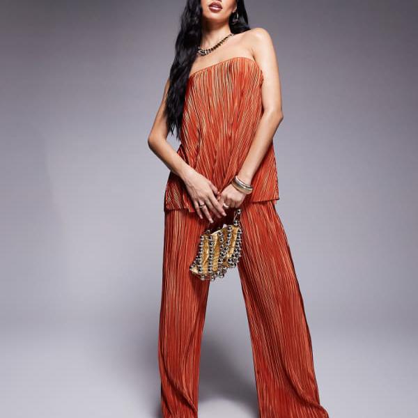 エイソス ASOS asos ASOS DESIGN プリーツ バンドゥ オーバーレイ ジャンプスーツ (ラスト オレンジ) オールインワン レディース 女性 インポートブランド 小さいサイズから大きいサイズまで