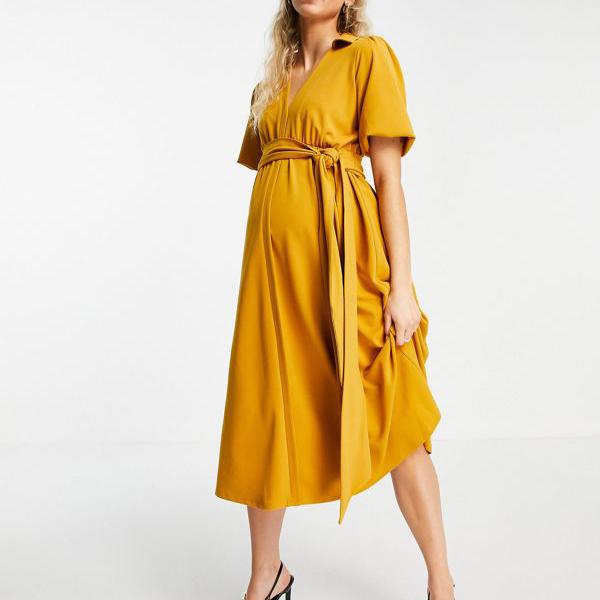 京都のセレクトショップdivacloset エイソス Asos Asos Asos Asosdesignマタニティラップシャツミディスケータードレスマスタードのセルフベルト付き ワンピース レディース 女性 女性 ドレス インポートブランド 小さいサイズから大きいサイズまで セレクトショップ