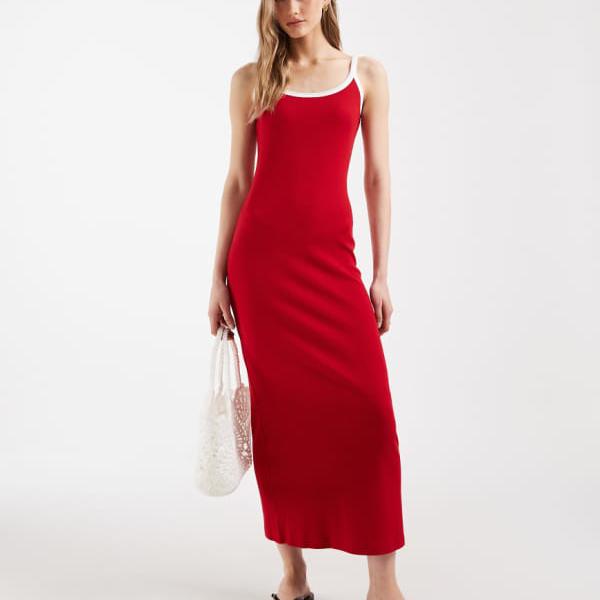 エイソス ASOS asos ASOS DESIGN コントラストトリムリブミディドレス（赤いこと、白いこと刈り込み） 衣裳 レディース お上さん インポートブランド 小っちゃい大いさから馬鹿でかい大いさまで