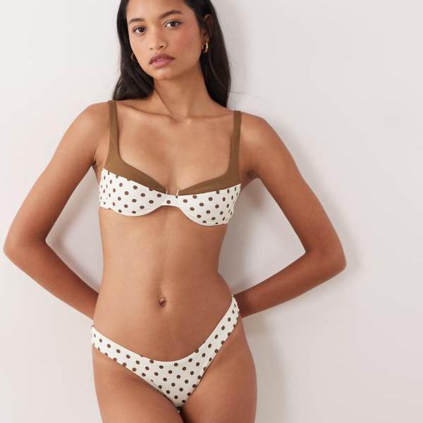 フリーソサエティの水玉模様のハイレグビキニボトム（ブラウン＆クリーム） 水着 レディース 女性 インポートブランド 小さいサイズから大きいサイズまで