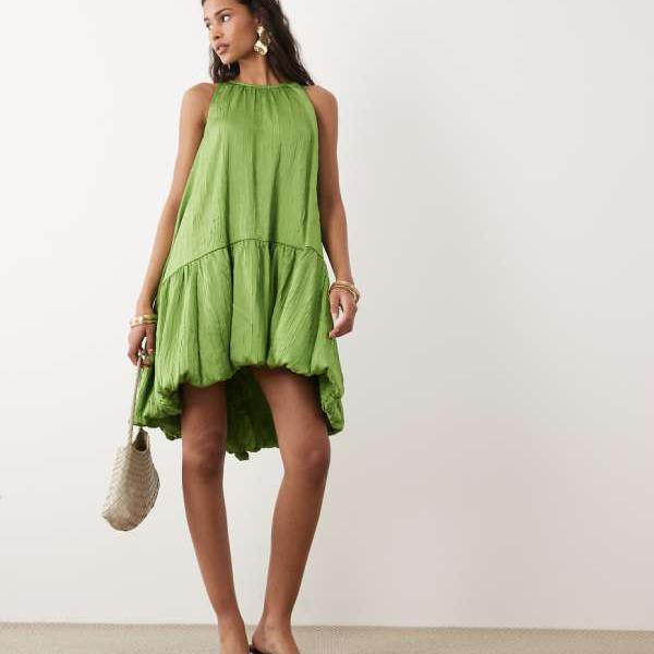 エイソス ASOS asos ASOS DESIGN サテンミニレーサードレス、非対称なバブルヘム、緑であること 衣裳 レディース 亭主もち インポートブランド ごく小さい大きさから大層らしい大きさまで