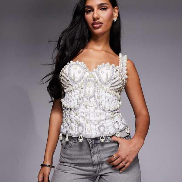 ASOS LUXE パールかざり付けるトップス（白いこと） トップス レディース 成人女性 インポートブランド 弱められた大きさから馬鹿でかい大きさまで