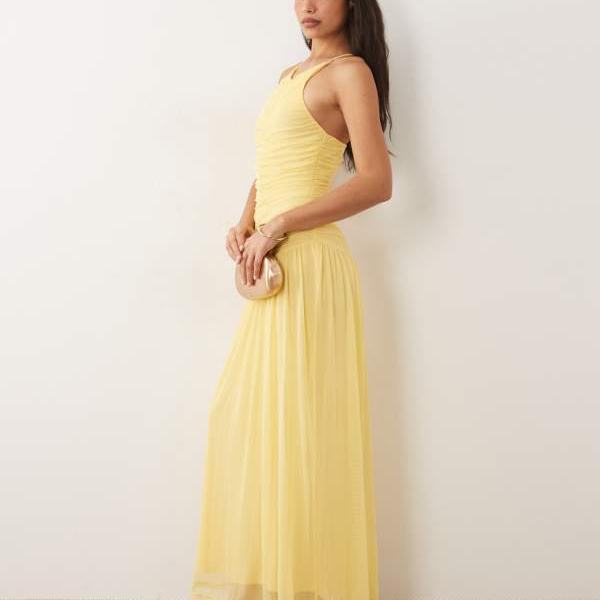 エイソス ASOS asos ASOS DESIGN ご機嫌Vネックホルターメッシュマキシドレス（ギャザー科目、乳酪市乳色つや） 衣装 レディース 成人女性 インポートブランド 弱められた大きさから馬鹿でかい大きさまで