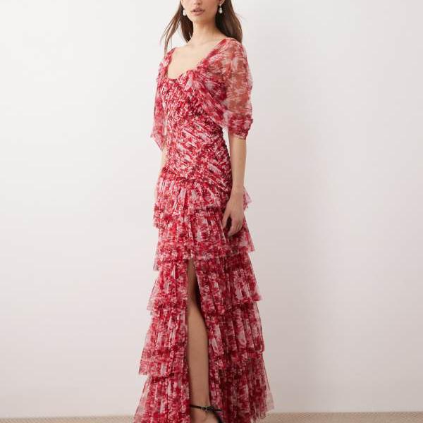 Lace & Beads レース＆ビーズのチュールフリルスカート、赤とピンクの花柄のスプリットディテールマキシドレス ワンピース レディース 女性 インポートブランド 小さいサイズから大きいサイズまで