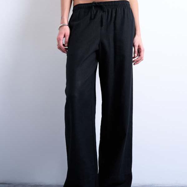 トップショップ Topshop TOPSHOP トップショップのリネン素材ストレートレッグパンツ（深めの裾口、ブラック） ボトム レディース 女性 インポートブランド 小さいサイズから大きいサイズまで