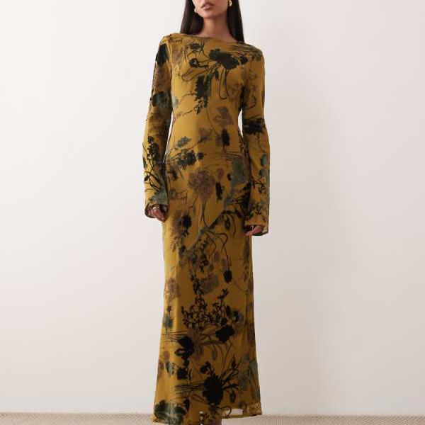 エイソス ASOS asos ASOS DESIGNのグリーンデボアプリントのマキシお召しもの 衣装 レディース お上さん インポートブランド たわい無い大きさから気が大きい大きさまで