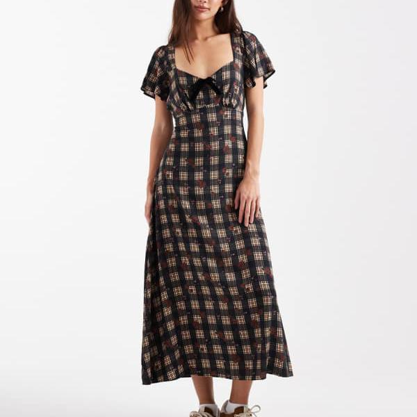 ニュールック New Look ニュールックのチェックベルベットリボンミディドレス（ブラック） ワンピース レディース 女性 インポートブランド 小さいサイズから大きいサイズまで