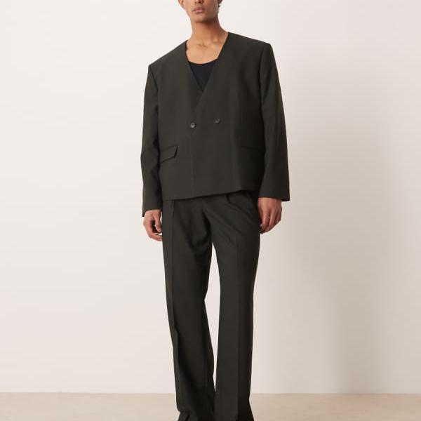 エイソス ASOS asos ASOS DESIGN 石ころ縞模様織りのワイドスーツパンツ ズボン下 下つ方 メンズ 成人男性 インポートブランド たわい無い大きさから気が大きい大きさまで