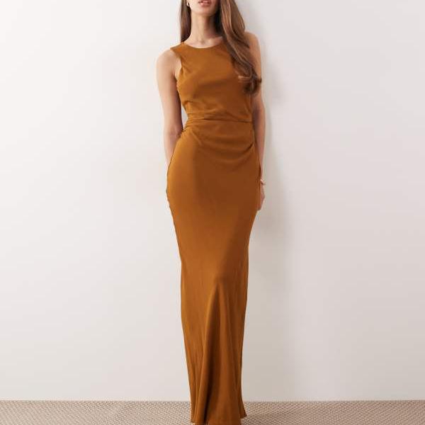 エイソス ASOS asos ASOS DESIGN ドレープオープンバック 刈り込み科目 リネン調 マキシ御召しもの 葉巻きタバコ色つや 衣装 レディース 成人女性 インポートブランド 弱められた大きさから馬鹿でかい大きさまで