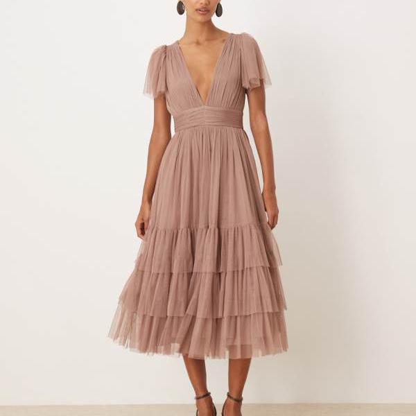 Lace & Beads レース＆ビーズ マディソン チュール Vネック ミディドレス（トープ） ワンピース レディース 女性 インポートブランド 小さいサイズから大きいサイズまで