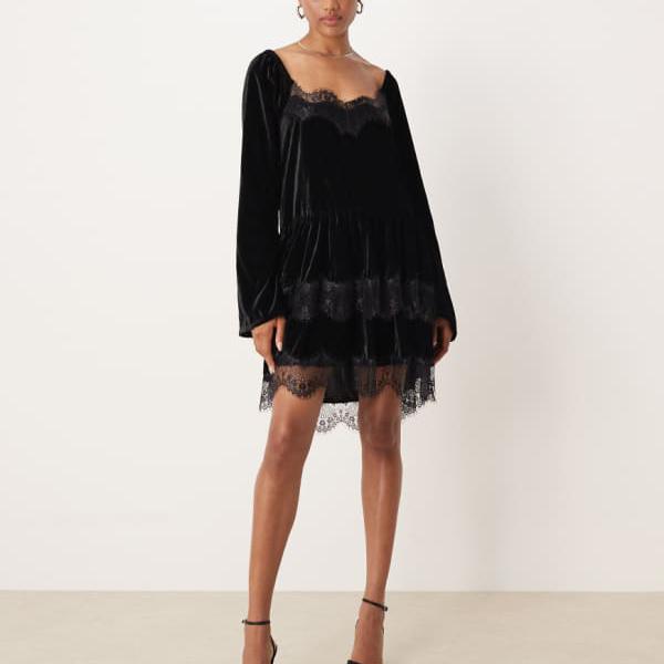 エイソス ASOS asos ASOS DESIGN トール ロングスリーブ スウィートハートネックライン ベルベット ミニドレス（ブラック） トップス レディース 女性 インポートブランド 小さいサイズから大きいサイズまで