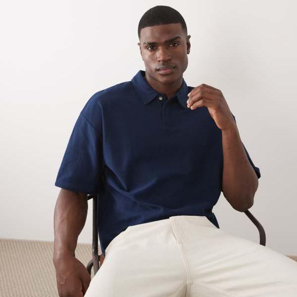 エイソス ASOS asos ASOS DESIGN 米国海軍の風合い原材料を当て嵌めるしたボックス席影ぼうしのオーバーサイズポロシャツ トップス メンズ 成人男性 インポートブランド 弱められた大きさから馬鹿でかい大きさまで