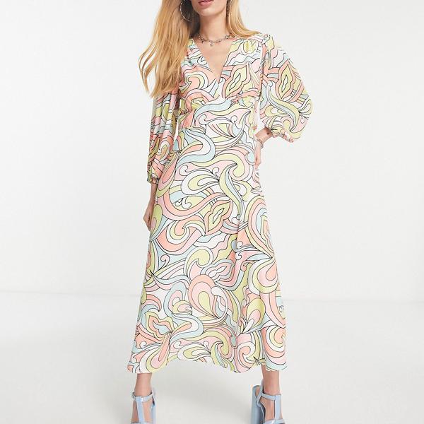 パステルスワールプリントのツイストワンダーバルーンスリーブミディドレス ワンピース レディース 女性 インポートブランド 小さいサイズから大きいサイズまで 在庫あり