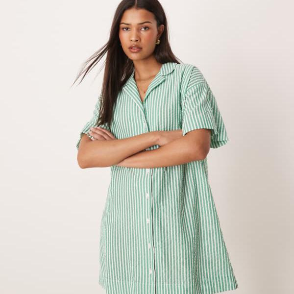 エイソス ASOS asos ASOS DESIGN ボウリングシャツドレス 縞模様刷り上げる 緑であること縞模様 衣装 レディース 成人女性 インポートブランド 弱められた大きさから馬鹿でかい大きさまで