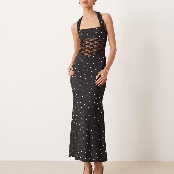 エイソス ASOS asos ASOS DESIGN プリント柄ホルターネックマキシドレス（水玉模様のレースインサート付き） ワンピース レディース 女性 インポートブランド 小さいサイズから大きいサイズまで｜セレクトショップ　Diva　Closet