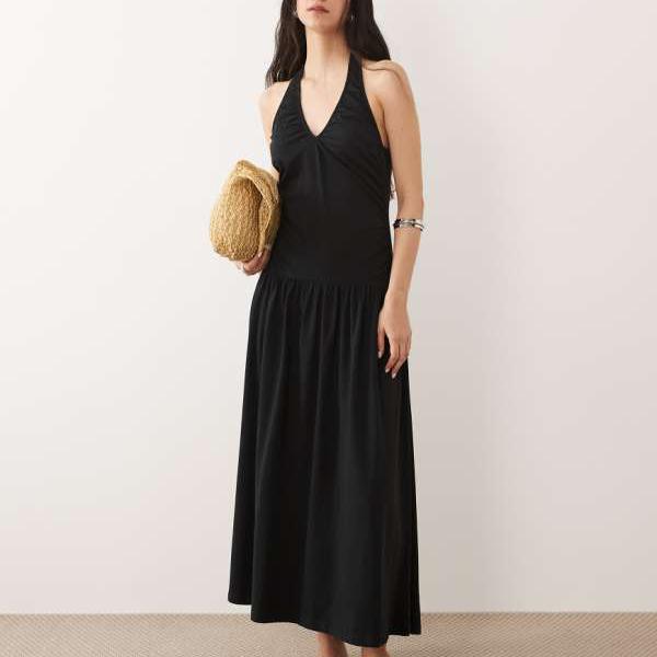 エイソス ASOS asos ASOS DESIGN ギャザー入りホルターネックドロップウエストマキシドレス（ブラック） ワンピース レディース 女性 インポートブランド 小さいサイズから大きいサイズまで