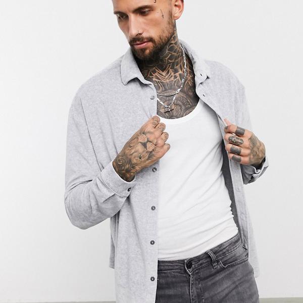 エイソス Asos Asos Asosdesign90年代のグレーマールベロアの特大カジュアルシャツ トップス メンズ 男性 インポートブランド 小さいサイズから大きいサイズまで Fitzfishponds Com