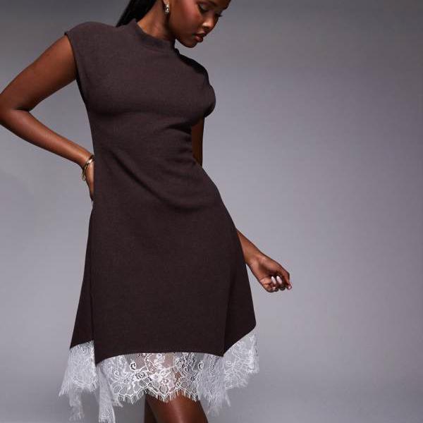 エイソス ASOS asos ASOS DESIGNのハイネック、ハンカチ裾、レーストリムのミニドレス（チョコレート色） ワンピース レディース 女性 インポートブランド 小さいサイズから大きいサイズまで