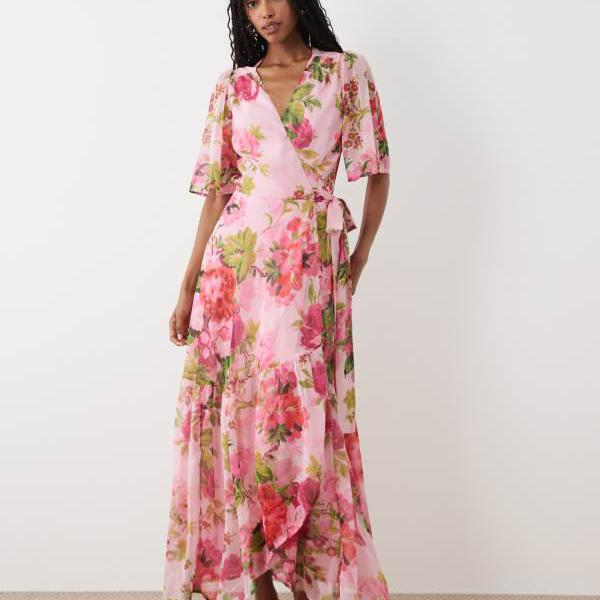 Hope \u0026 Ivyのさくら色の花柄のフラウンス袖マキシラップドレス 衣裳 レディース 亭主もち インポートブランド ごく小さい大きさから大層らしい大きさまで