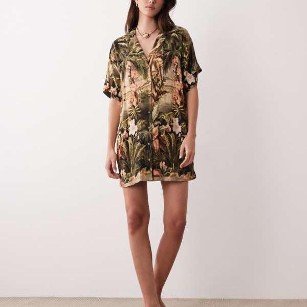 エイソス ASOS asos ASOS DESIGNのヴィンテージトロピカルプリントのボウリングシャツドレス 衣装 レディース 成人女性 インポートブランド 弱められた大きさから馬鹿でかい大きさまで