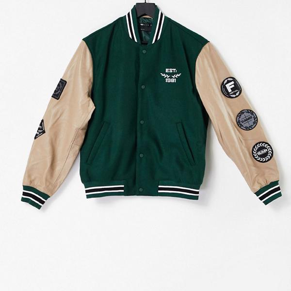 メンズファッション コート ジャケット 人気ブランド メンズ アウター Designレザーバーシティジャケット グリーン バッジとコントラストスリーブ Asos Asos Asos エイソス 男性 小さいサイズから大きいサイズまで インポートブランド Shoxruxtj Com