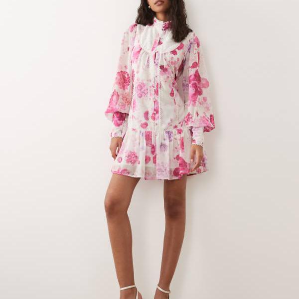 Hope \u0026 Ivyのサクラ色の花柄シフォンハイネックバルーンスリーブドロップウエストミニドレス 衣裳 レディース お上さん インポートブランド 小っちゃい大いさから馬鹿でかい大いさまで
