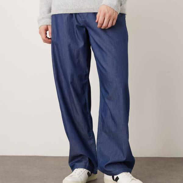エイソス ASOS asos ASOS DESIGN シャンブレーのルーズストレートフィットパンツ ズボン下 下つ方 メンズ 成人男性 インポートブランド ごく小さい大きさから大層らしい大きさまで
