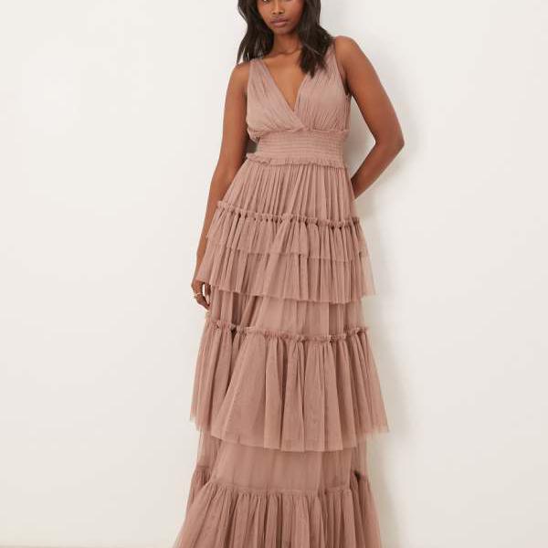 Lace & Beads レース＆ビーズのティアードチュールマキシドレス（トープ） ワンピース レディース 女性 インポートブランド 小さいサイズから大きいサイズまで