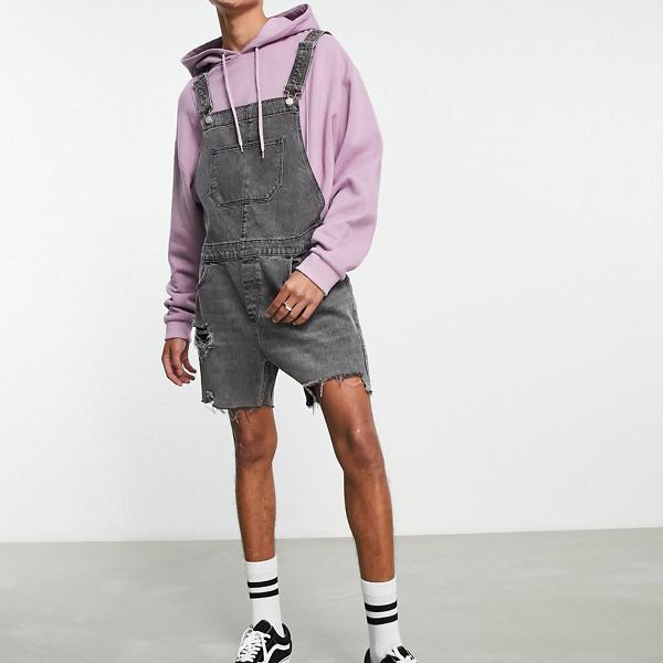 13676円 新作販売 エイソス ASOS asos DESIGNショートデニムダンガリー ウォッシュドブラック 太ももリップ パンツ ボトム メンズ 男性 インポートブランド 小さいサイズから大きいサイズまで