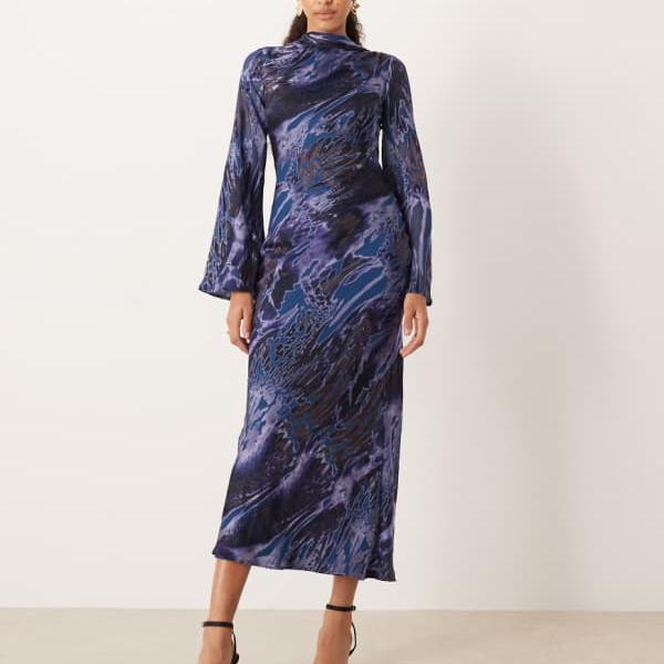 エイソス ASOS asos ASOS DESIGNのブラック＆ブルーのアブストラクトプリントのスカーフディテール付きマキシドレス ワンピース レディース 女性 インポートブランド 小さいサイズから大きいサイズまで