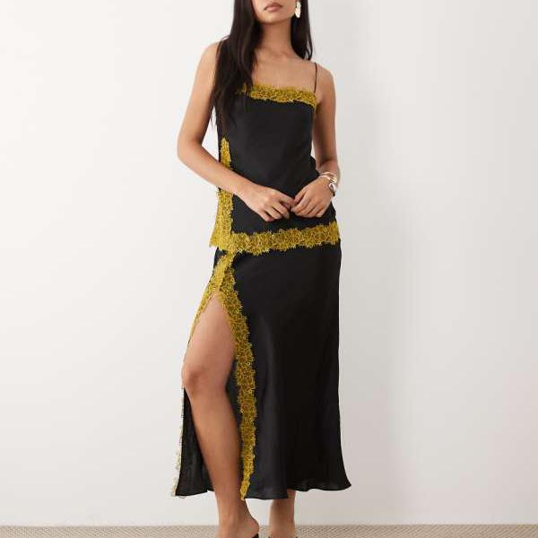 エイソス ASOS asos ASOS DESIGN 繻子キャミソール 偏った考え二重レイヤーレースアップリケ マキシお召しもの 黒いこと 衣装 レディース お上さん インポートブランド たわい無い大きさから気が大きい大きさまで