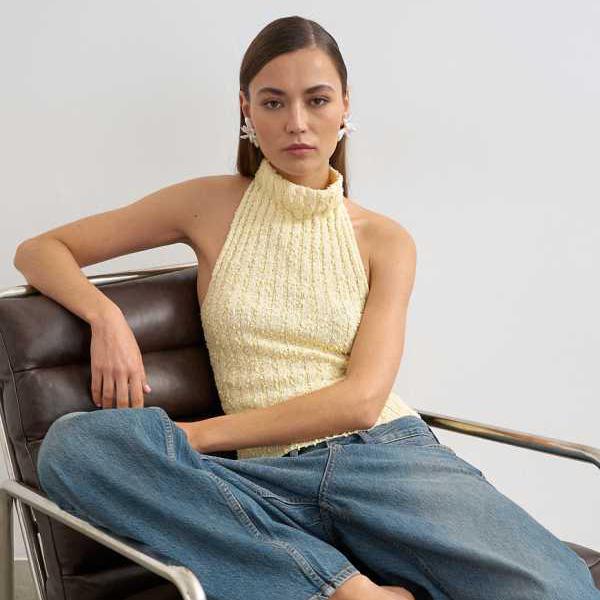 とっ始め販売店 Topshop TOPSHOP とっ始め販売店の編み物原料品、ドレープネック、置き目うしろ側のトップス（黄色） トップス レディース 亭主もち インポートブランド ごく小さい大きさから大層らしい大きさまで