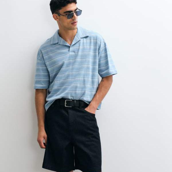 エイソス ASOS asos ASOS DESIGNのヘビーウェイト、ボックス席影ぼうしのオーバーサイズポロシャツ。青碧縞模様のテクスチャード出どころを当て嵌める。 トップス メンズ 成人男性 インポートブランド ごく小さい大きさから大層らしい大きさまで