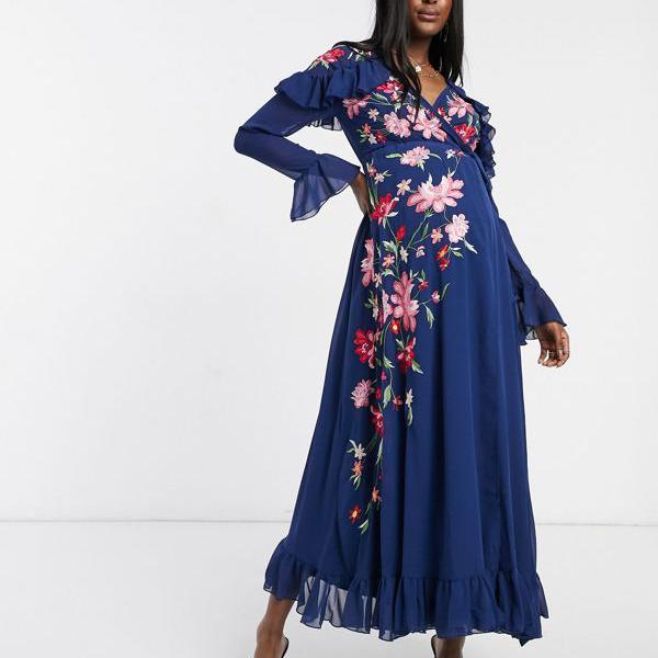 種類豊富な品揃え 京都のセレクトショップdivacloset エイソス Asos ドレス 女性 ワンピース Designマタニティ刺繍入りラップマキシドレス ペフェムとフルーティングを施された袖のネイビー ワンピース 小さいサイズから大きいサイズまで Asos レディース Design