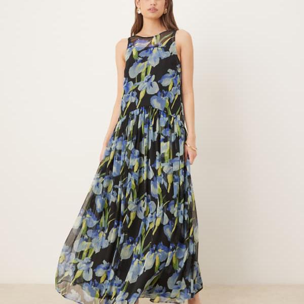 エイソス ASOS asos ASOS DESIGN レーサーネック スモック マキシドレス（ダークベースの花柄） ワンピース レディース 女性 インポートブランド 小さいサイズから大きいサイズまで