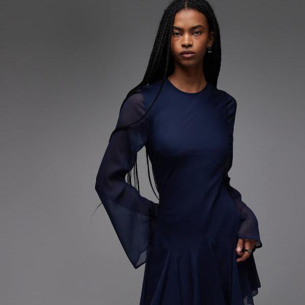 エイソス ASOS asos ASOS DESIGN 長袖ミニドレス（フリルスカート付き、ネイビー） トップス レディース 女性 インポートブランド 小さいサイズから大きいサイズまで